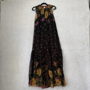 Sundance Dress Womens XS Black Floral Maxi Sleeveless Smocked Neck Boho Lined